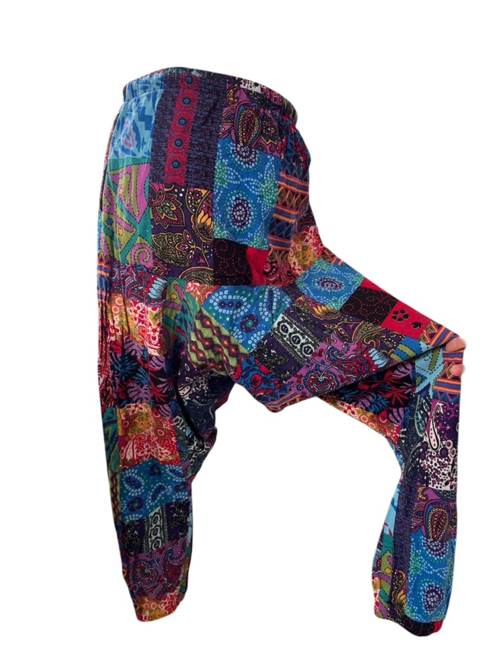 Patchwork multicolor harem style pants with pockets drawstring waist boho S - Picture 5 of 10